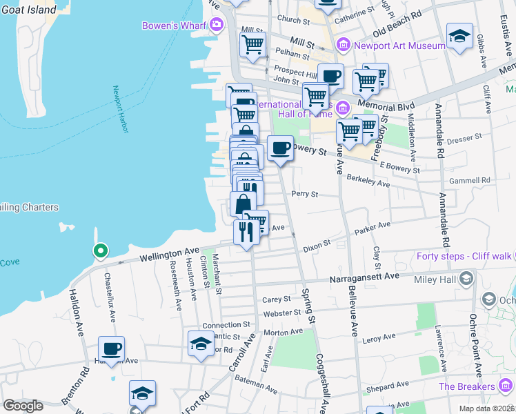 map of restaurants, bars, coffee shops, grocery stores, and more near 21 Underwood Court in Newport