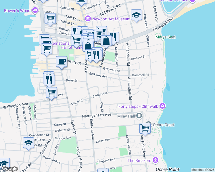 map of restaurants, bars, coffee shops, grocery stores, and more near 20 Sylvan Street in Newport