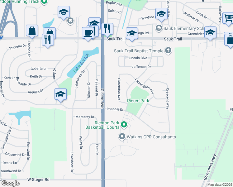 map of restaurants, bars, coffee shops, grocery stores, and more near 22614 Clarendon Avenue in Richton Park