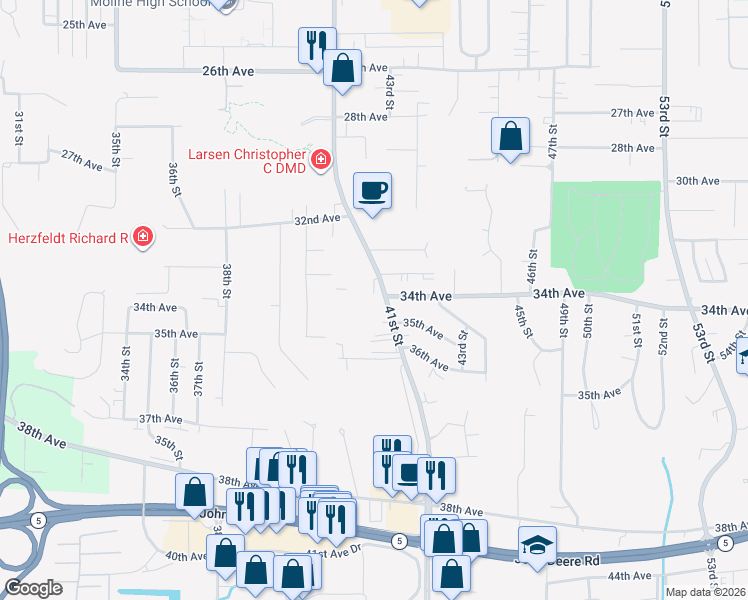 map of restaurants, bars, coffee shops, grocery stores, and more near 3541 41st Street in Moline