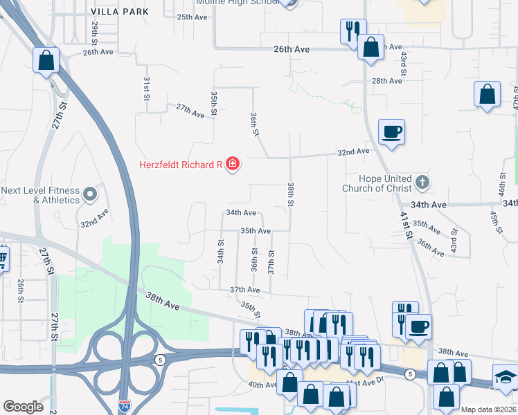 map of restaurants, bars, coffee shops, grocery stores, and more near 3414 36th Street. A in Moline