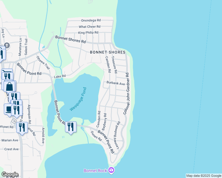 map of restaurants, bars, coffee shops, grocery stores, and more near 2 Bayberry Road in Narragansett
