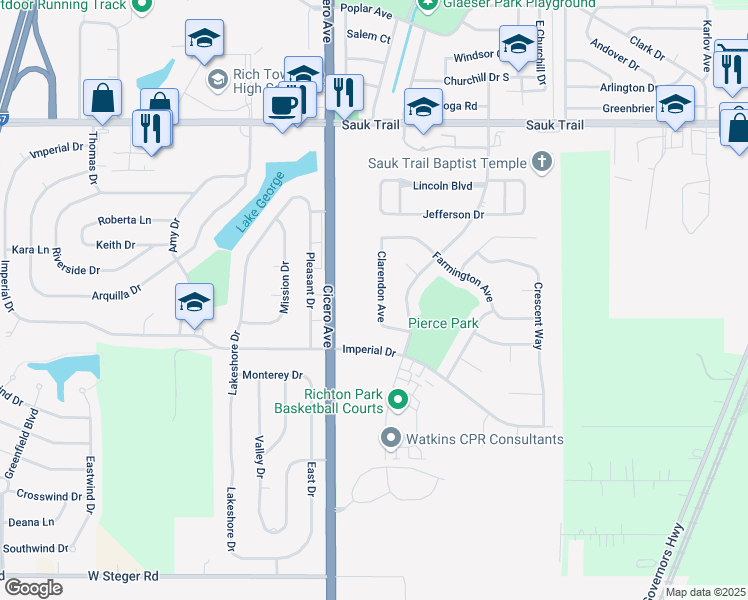 map of restaurants, bars, coffee shops, grocery stores, and more near 22636 Clarendon Avenue in Richton Park