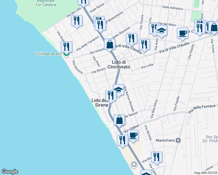 map of restaurants, bars, coffee shops, grocery stores, and more near 97 Via delle Castalidi in Anzio