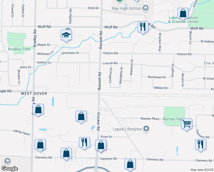map of restaurants, bars, coffee shops, grocery stores, and more near 631 Bassett Road in Bay Village