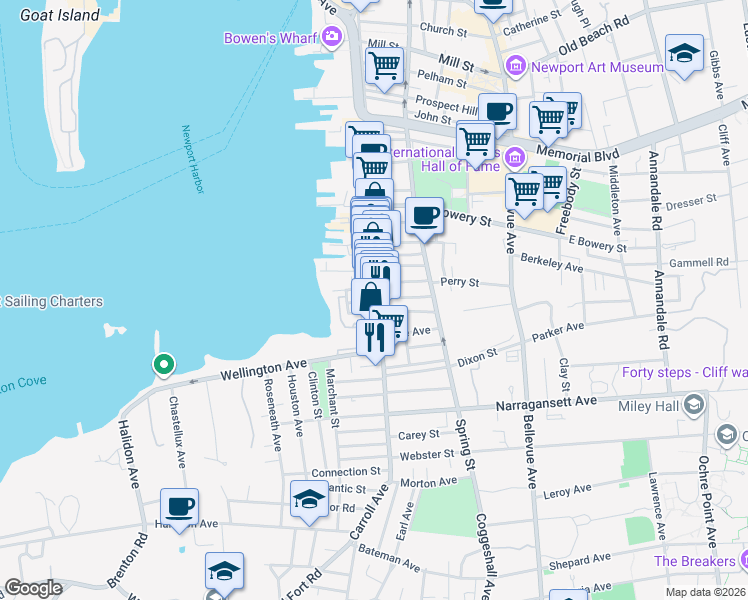 map of restaurants, bars, coffee shops, grocery stores, and more near 547 Thames Street in Newport