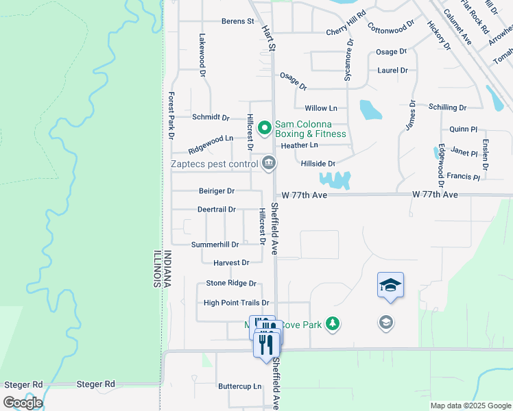 map of restaurants, bars, coffee shops, grocery stores, and more near 2961 Hillcrest Drive in Dyer