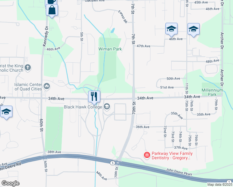 map of restaurants, bars, coffee shops, grocery stores, and more near 6600 34th Avenue in Moline