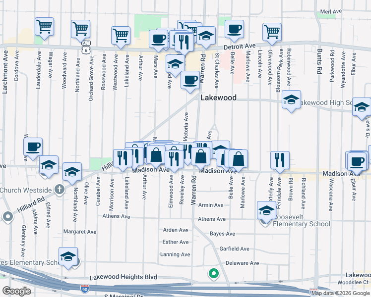 map of restaurants, bars, coffee shops, grocery stores, and more near 1675 Victoria Avenue in Lakewood