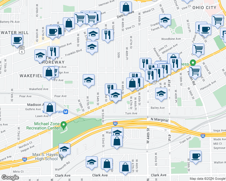 map of restaurants, bars, coffee shops, grocery stores, and more near 1956 West 50th Street in Cleveland