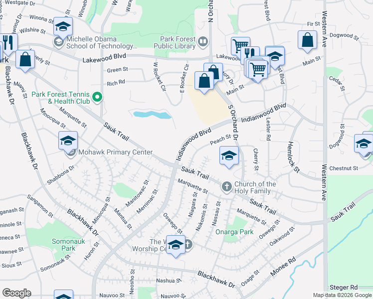 map of restaurants, bars, coffee shops, grocery stores, and more near 135 Peach Street in Park Forest