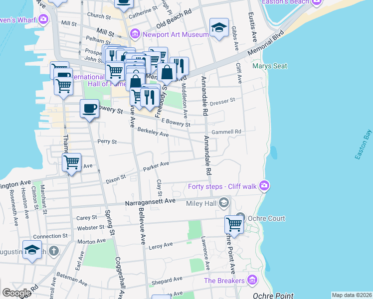 map of restaurants, bars, coffee shops, grocery stores, and more near 42 Parker Avenue in Newport