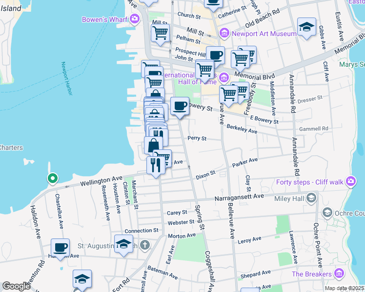map of restaurants, bars, coffee shops, grocery stores, and more near 461 Spring Street in Newport