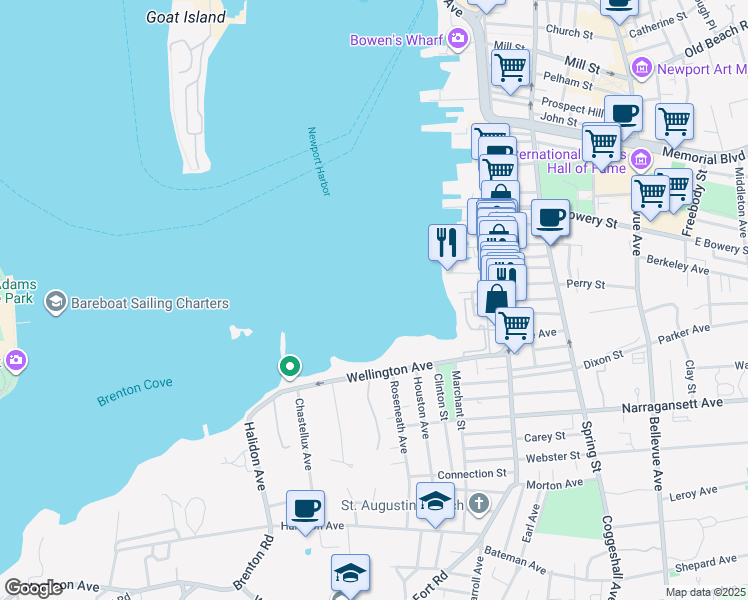map of restaurants, bars, coffee shops, grocery stores, and more near 125-143 Wellington Ave in Newport