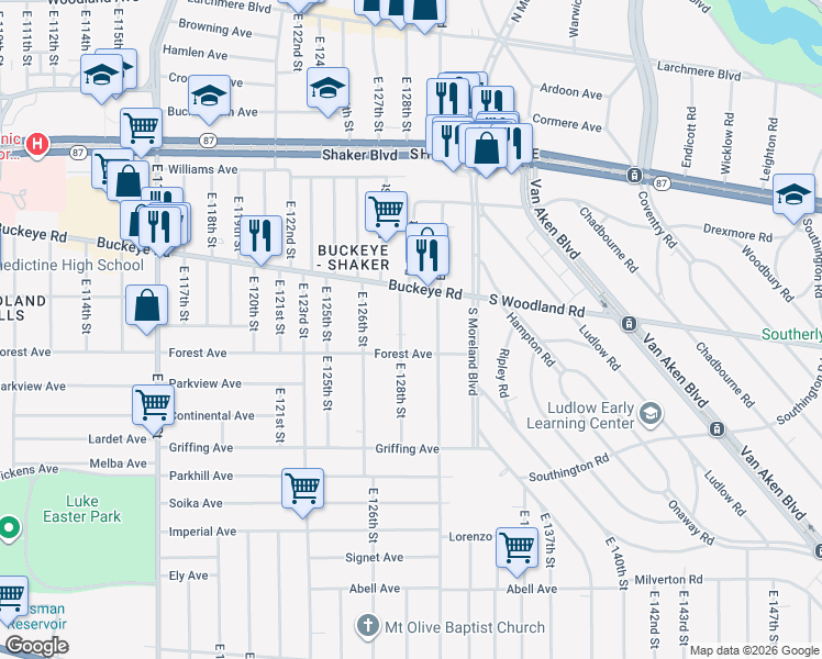 map of restaurants, bars, coffee shops, grocery stores, and more near 12902 Forest Avenue in Cleveland