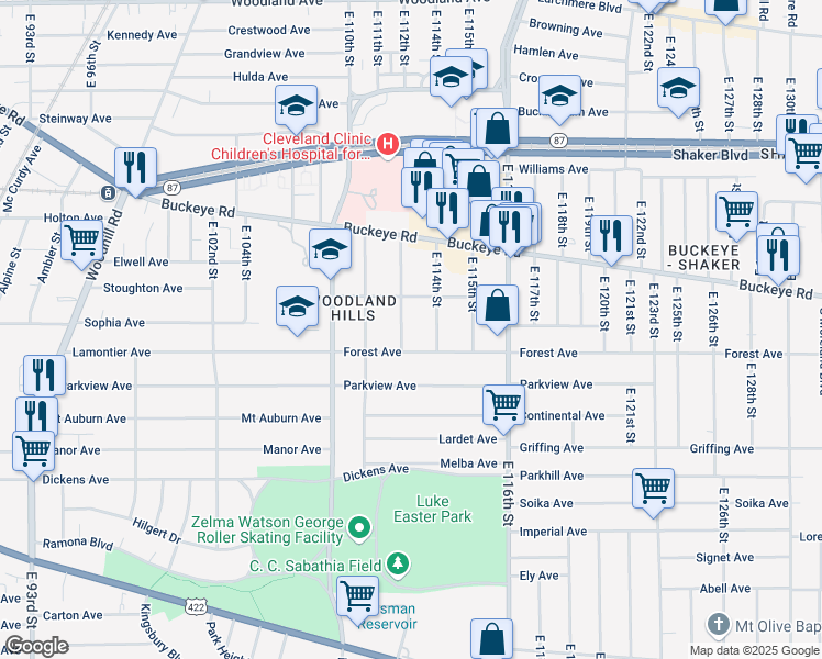 map of restaurants, bars, coffee shops, grocery stores, and more near 11308 Forest Avenue in Cleveland