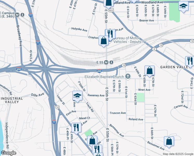 map of restaurants, bars, coffee shops, grocery stores, and more near 5408 Bragg Road in Cleveland