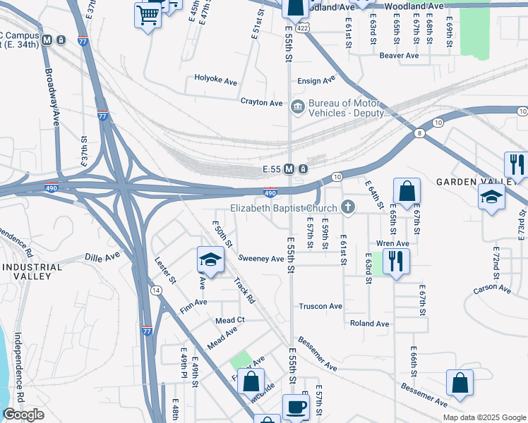 map of restaurants, bars, coffee shops, grocery stores, and more near 5408 Bragg Road in Cleveland