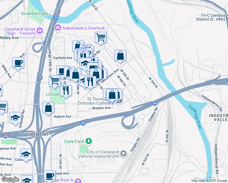 map of restaurants, bars, coffee shops, grocery stores, and more near 2505 Professor Avenue in Cleveland