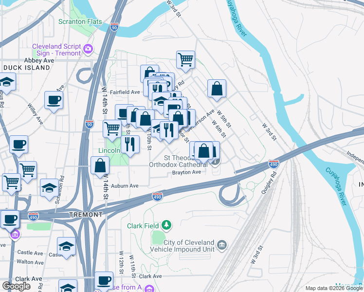 map of restaurants, bars, coffee shops, grocery stores, and more near 2480 Professor Avenue in Cleveland