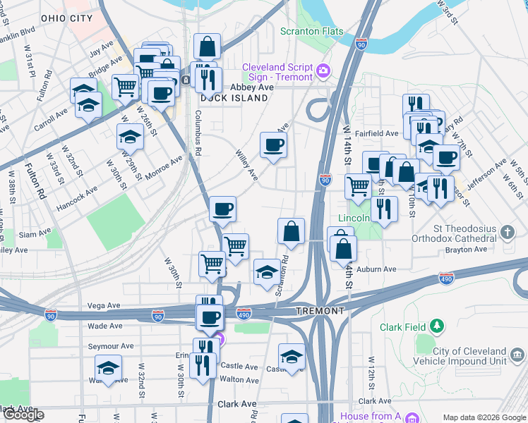 map of restaurants, bars, coffee shops, grocery stores, and more near 2518 West 18th Place in Cleveland