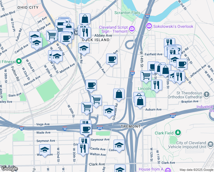 map of restaurants, bars, coffee shops, grocery stores, and more near 2518 West 18th Place in Cleveland