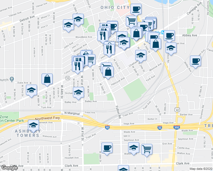map of restaurants, bars, coffee shops, grocery stores, and more near 3508 Siam Avenue in Cleveland