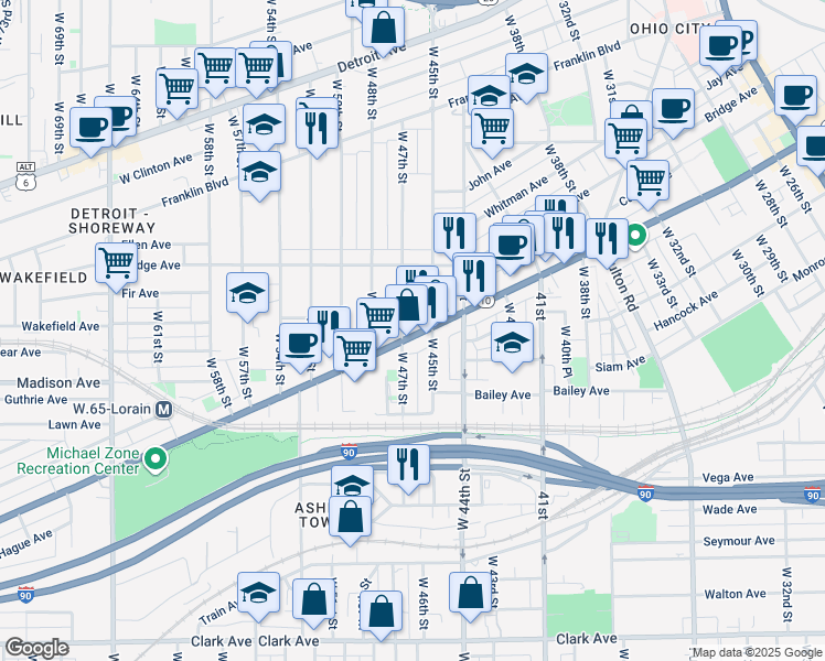 map of restaurants, bars, coffee shops, grocery stores, and more near 4609 Lorain Court in Cleveland