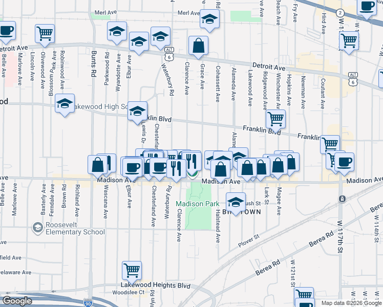 map of restaurants, bars, coffee shops, grocery stores, and more near 1645 Clarence Avenue in Lakewood