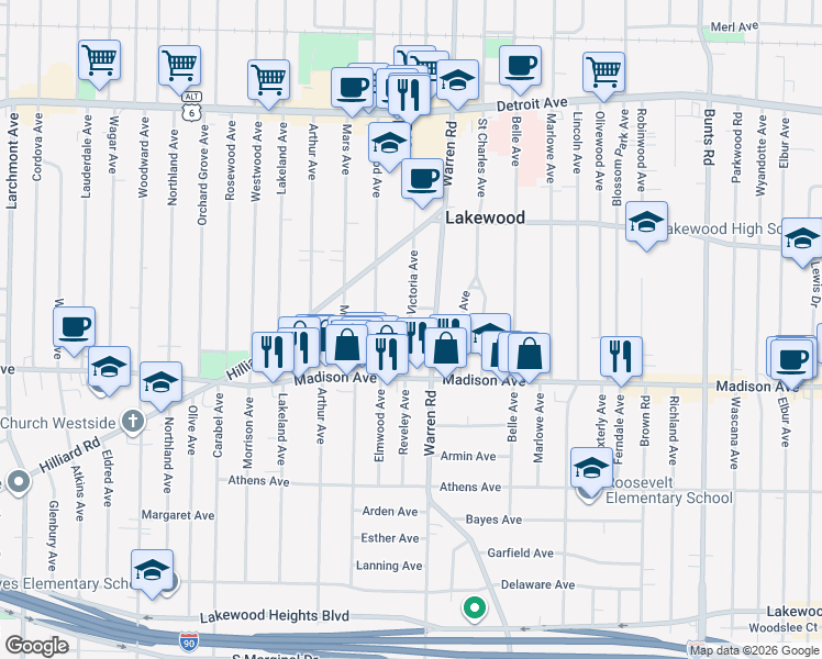 map of restaurants, bars, coffee shops, grocery stores, and more near 1675 Victoria Avenue in Lakewood