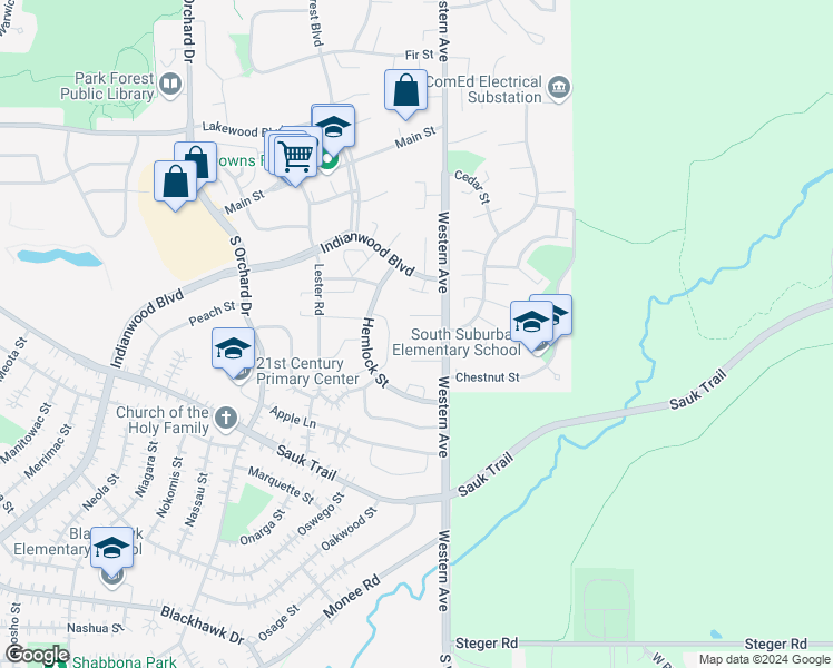 map of restaurants, bars, coffee shops, grocery stores, and more near 3510 Western Avenue in Park Forest