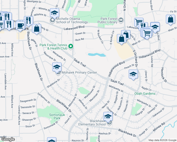 map of restaurants, bars, coffee shops, grocery stores, and more near 224 Marquette Street in Park Forest