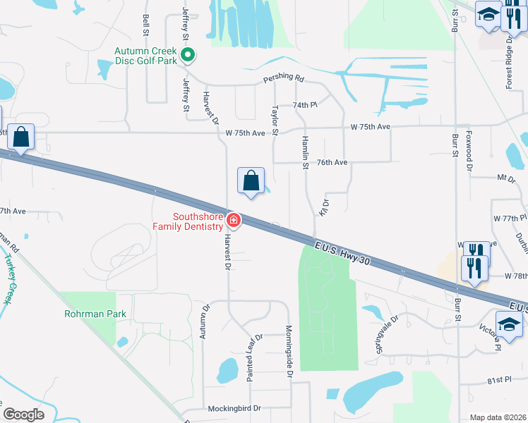 map of restaurants, bars, coffee shops, grocery stores, and more near 6430 W Lincoln Hwy in Crown Point