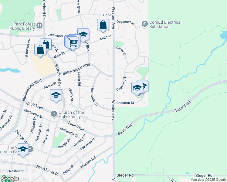 map of restaurants, bars, coffee shops, grocery stores, and more near 3510 Western Avenue in Park Forest