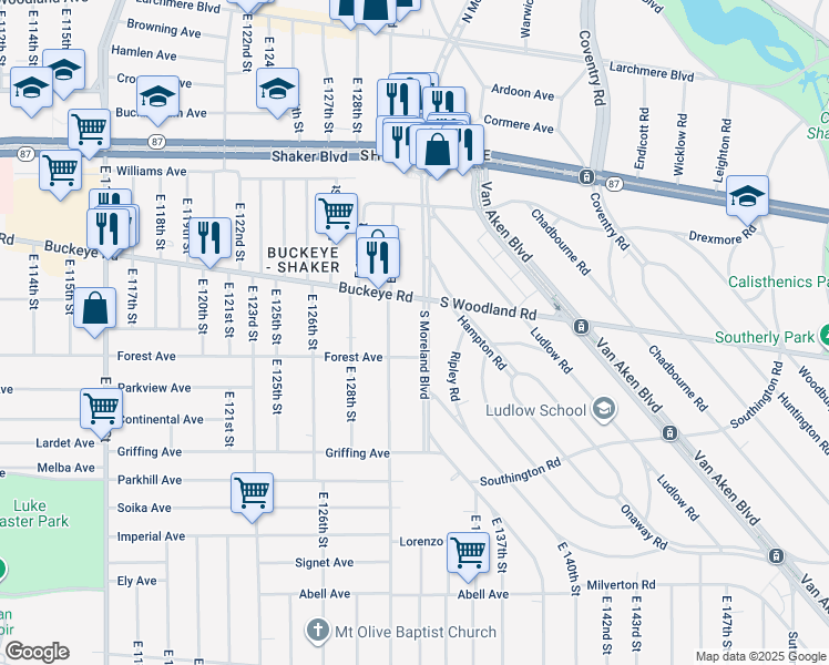map of restaurants, bars, coffee shops, grocery stores, and more near 2962 South Moreland Boulevard in Cleveland