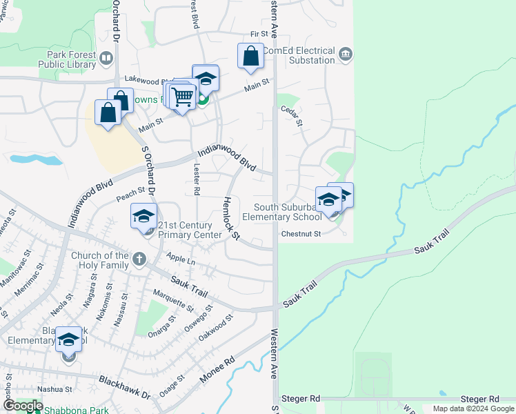 map of restaurants, bars, coffee shops, grocery stores, and more near 3510 Western Avenue in Park Forest