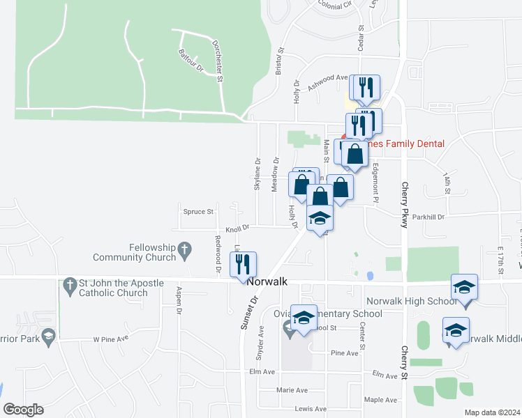 map of restaurants, bars, coffee shops, grocery stores, and more near 1012 Skylane Drive in Norwalk
