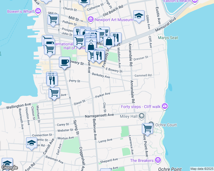 map of restaurants, bars, coffee shops, grocery stores, and more near 11 Sylvan Street in Newport