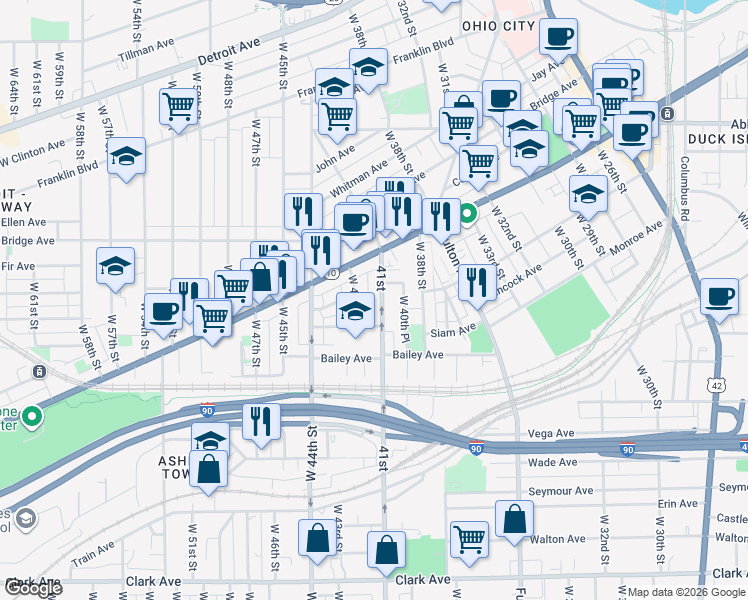 map of restaurants, bars, coffee shops, grocery stores, and more near 2156 West 41st Street in Cleveland