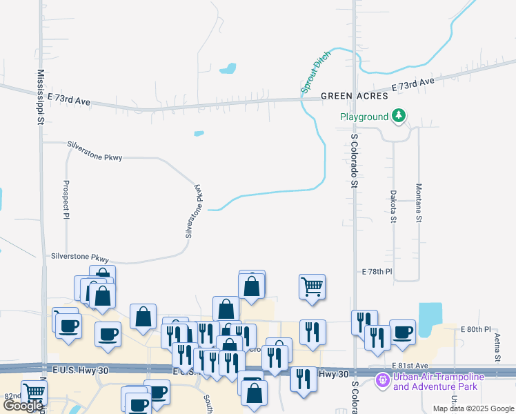 map of restaurants, bars, coffee shops, grocery stores, and more near 7656 Colorado Street in Merrillville