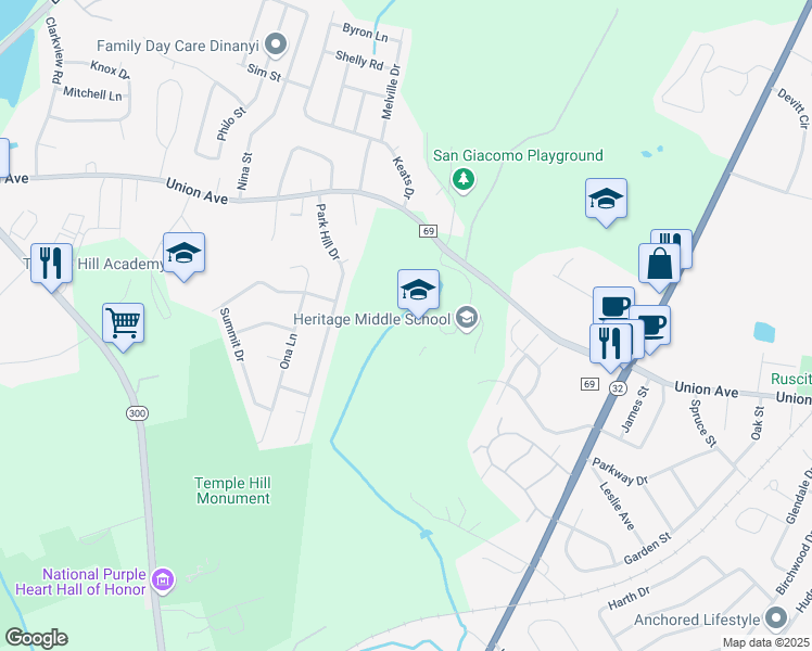 map of restaurants, bars, coffee shops, grocery stores, and more near 405 Union Avenue in New Windsor