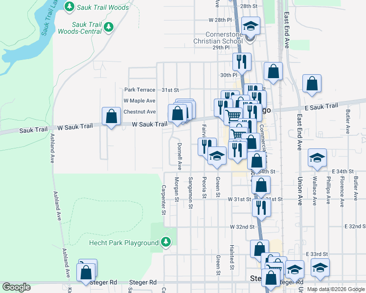 map of restaurants, bars, coffee shops, grocery stores, and more near 3301 Dornell Avenue in Chicago Heights