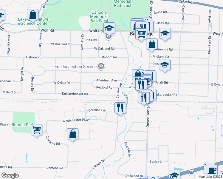 map of restaurants, bars, coffee shops, grocery stores, and more near 27825 Rexford Road in Bay Village