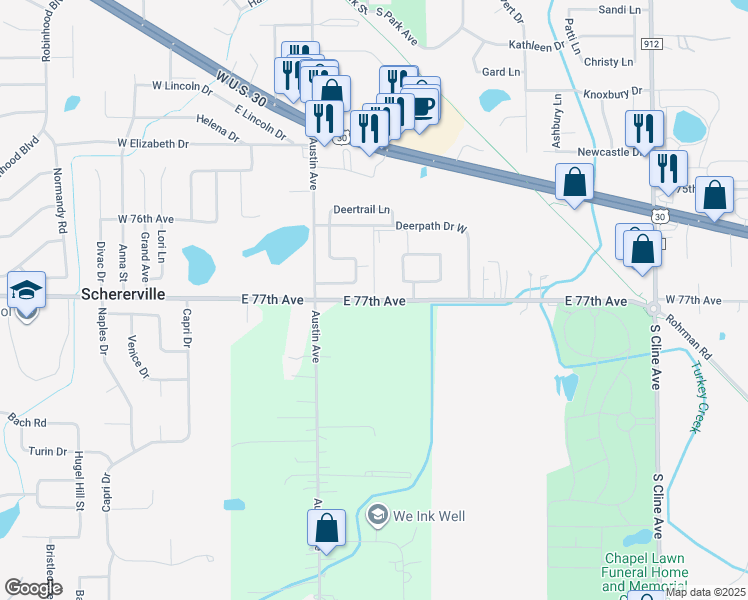 map of restaurants, bars, coffee shops, grocery stores, and more near 2398 Deerpath Drive in Schererville