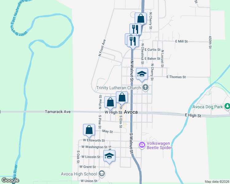 map of restaurants, bars, coffee shops, grocery stores, and more near 206 North Elm Street in Avoca