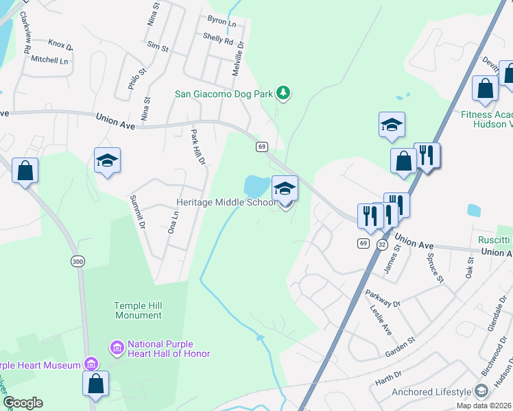 map of restaurants, bars, coffee shops, grocery stores, and more near 405 Union Avenue in New Windsor