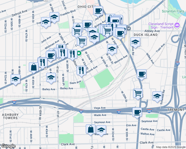 map of restaurants, bars, coffee shops, grocery stores, and more near 3301 Monroe Avenue in Cleveland