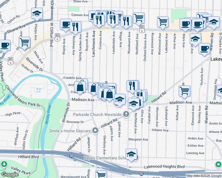 map of restaurants, bars, coffee shops, grocery stores, and more near 1634 Lauderdale Avenue in Lakewood