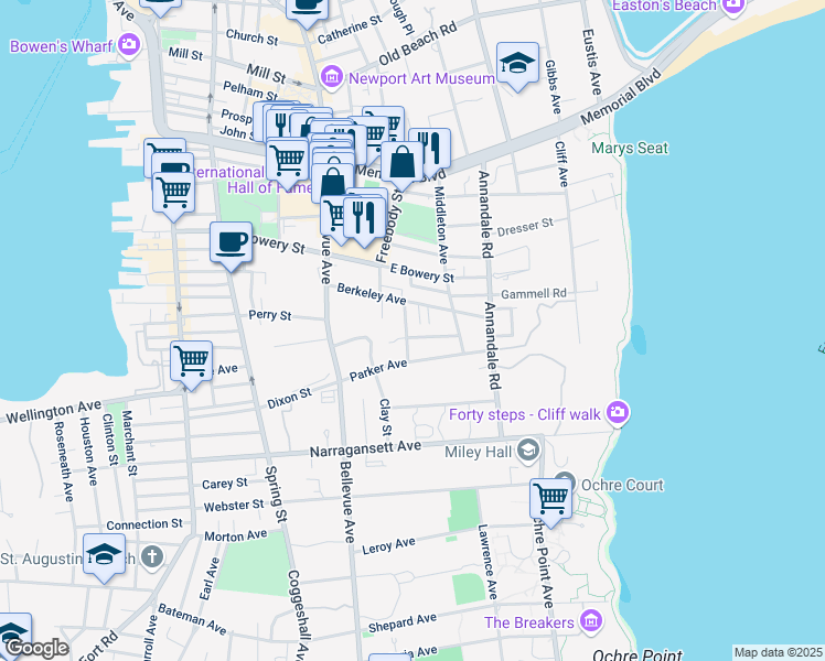 map of restaurants, bars, coffee shops, grocery stores, and more near 27 Berkeley Avenue in Newport