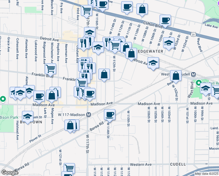map of restaurants, bars, coffee shops, grocery stores, and more near 11201 Franklin Boulevard in Cleveland